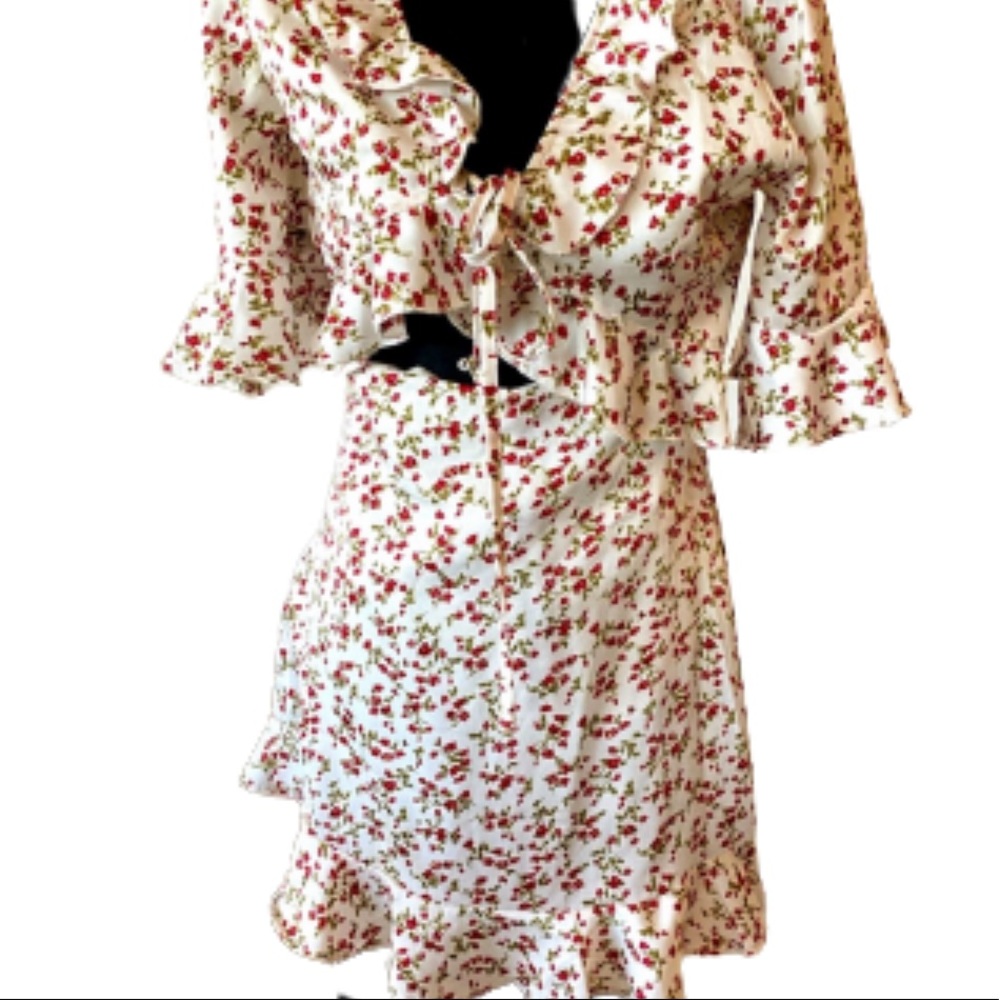 NEW floral summer mini dress front tie ruffled keyhole cutout pinup retro LARGE - Picture 4 of 16
